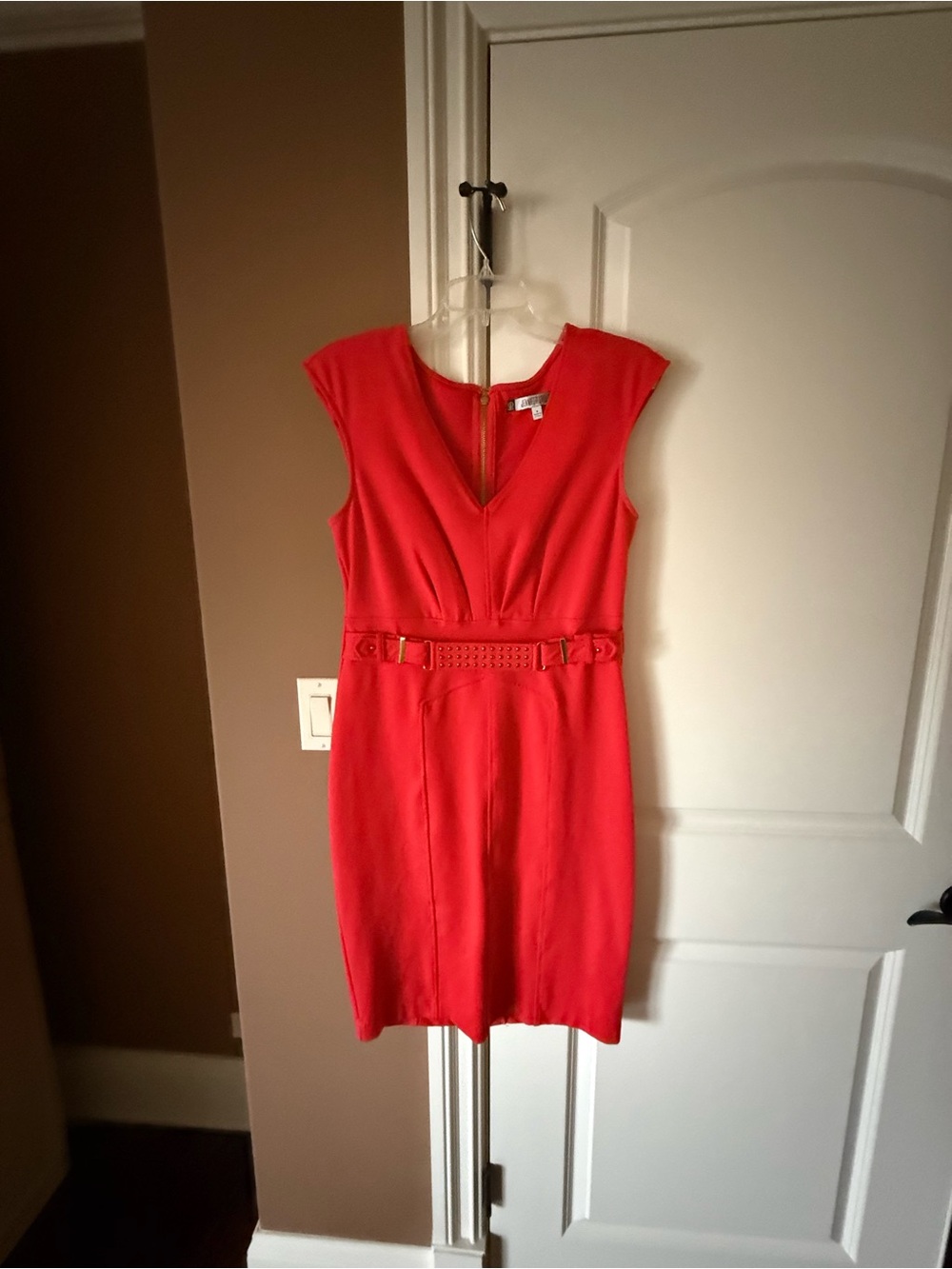 Jennifer Lopez Coral-Red Midi Sheath Dress with Waist Belt